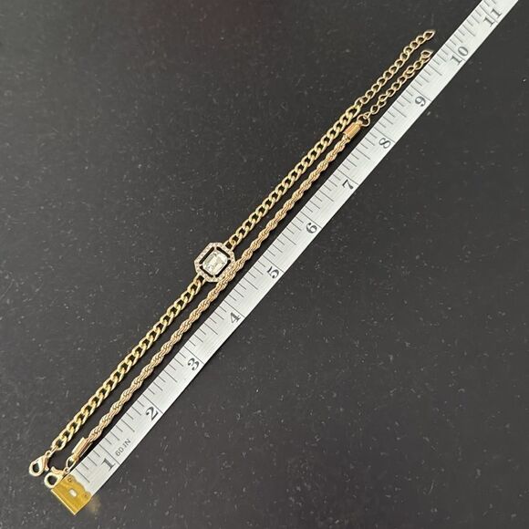 Set of 4 Gold Tone Bracelets with Rhinestones – Cuff, Tennis, Chain, Stretch - Picture 8 of 10